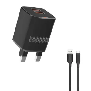 Green Lion Dual Port Wall Charger UK Plug 2 USB-A Port USB-A to USB-C 1m Cable