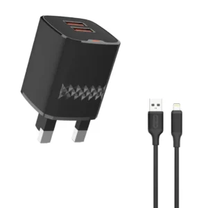 Green Lion Dual Port Wall Charger UK Plug 2 USB-A Port USB-A to Lightning 1m Cable