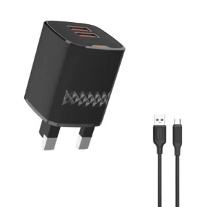Green Lion Dual Port Wall Charger UK Plug 2 USB-A Port USB-A to Micro 1m Cable