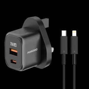 Porodo GaN Dual Port Wall Charger UK with C to L Cable