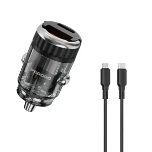 Porodo Dual Port Transparent Car Charger With C to C Cable Pull Ring Handle