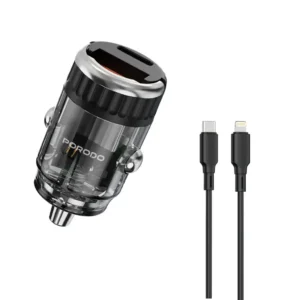 Porodo Dual Port Transparent Car Charger With C to Lighting Cable Pull Ring Handle