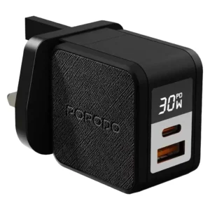 Porodo Quantum GaN 30W Multi-Port Charger with Digital Display with C to Lightning Cable